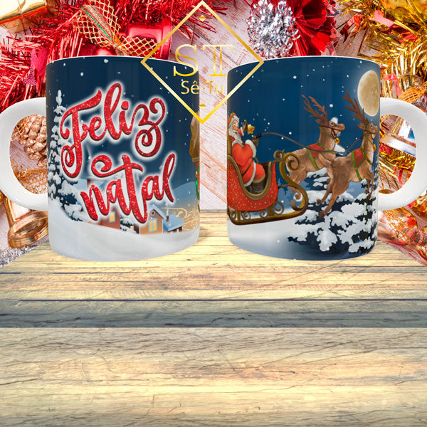 Caneca Trenó de Natal Fundo Azul