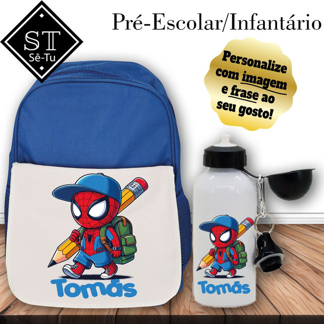 Mochila Azul + Garrafa Homem-Aranha Lápis